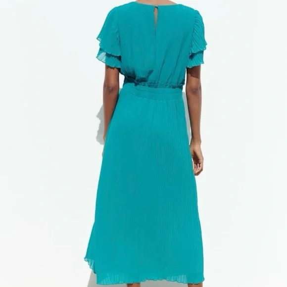 💫HP‼️💫 NWT ZARA Pleated Midi Dress in Teal, Size Medium - Picture 8 of 11